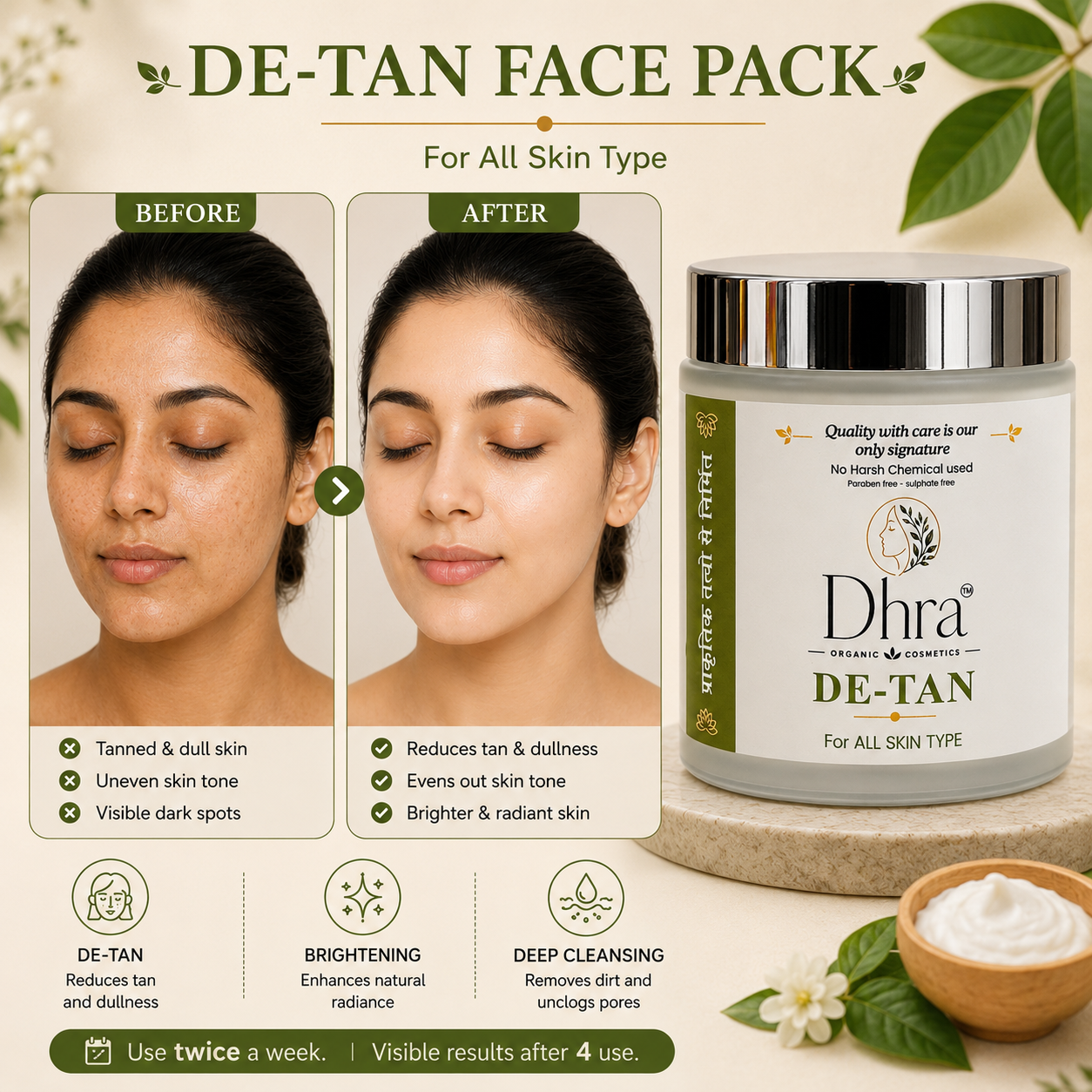 Dhra De-Tan Face Pack | Tan Removal & Skin Brightening