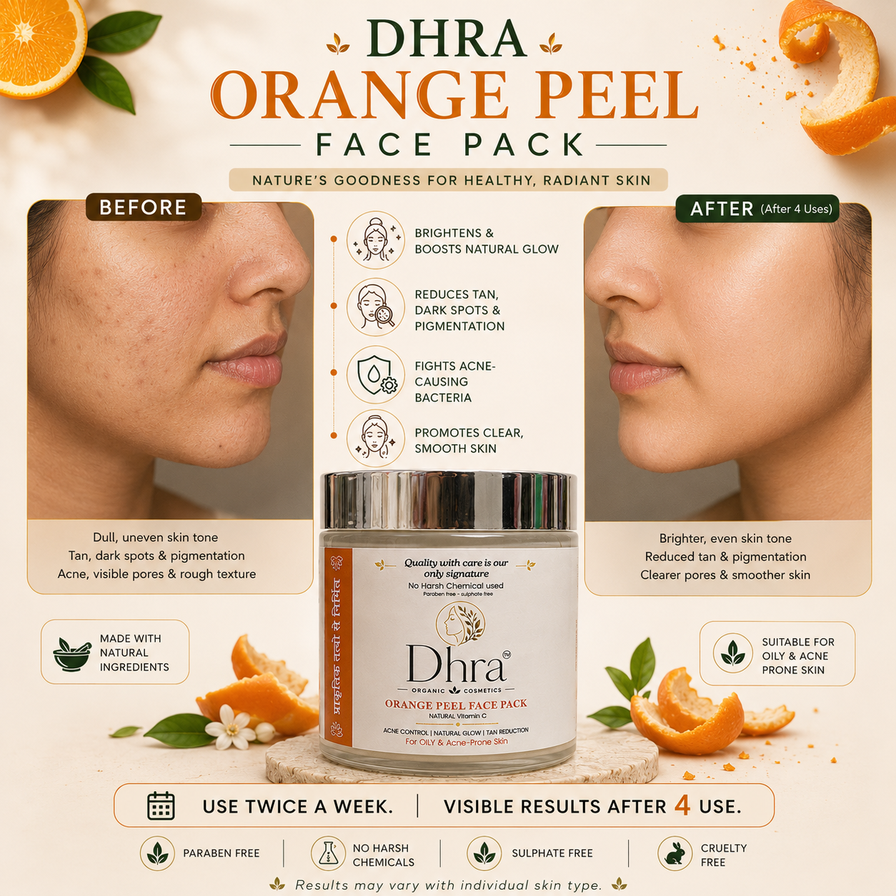 Dhra Orange Peel Face Pack | Vitamin C Glow & Acne Control