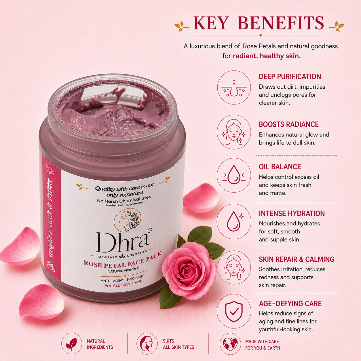Dhra Rose Petal Face Pack | Natural Glow & Anti-Aging